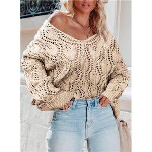 Hollow Out V-Neck Pullover Sweater – Crochet Knit Loose Fit, Fall/Winter Fashion